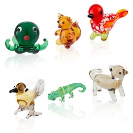 Hobbspring 6Pcs Hand Blown Glass Figurines Miniature Animal Glass Decor Colorful Bird Octopus Cat Chameleon Squirrel Display Decorations for Home Office Collectible Gifts