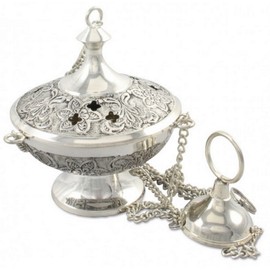Antique Style Silver Plated Brass Incense Barrel - With Chain for Swivelling or as a Stationary Incense Burner, 10 x 10 cm, for Incense Herbs, Ideal for Home Smoking