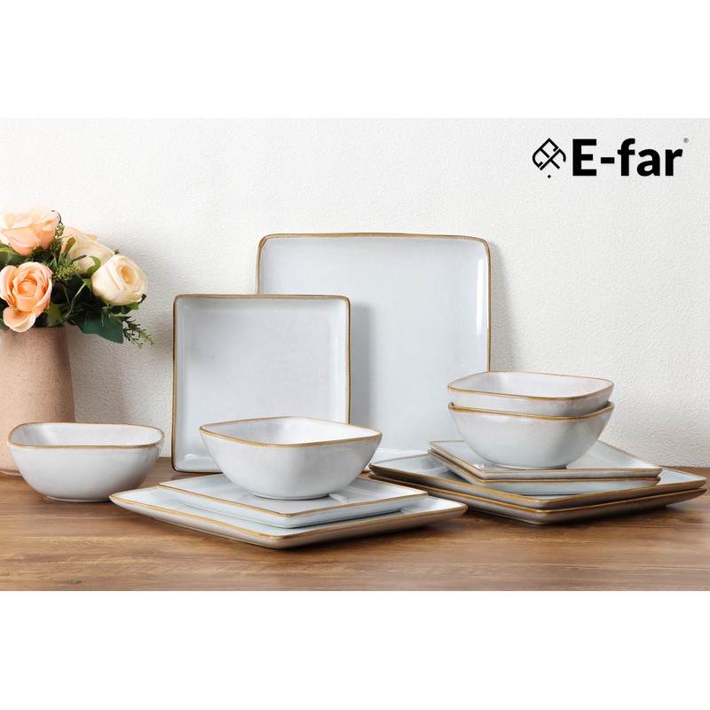 E-far Square Plates and Bowls Sets, 12-Piece Stoneware Dinnerware Sets