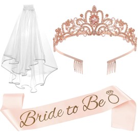 3 Pcs Bachelorette Party Decorations Bridal Shower Crown, Bride to Be Sash&Veil for Women Bachelorette Party Gifts(Rose Gold)