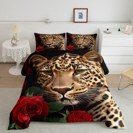 Erosebridal Red Rose Cheetah Bedding Set,Cat Leopard Print Comforter Set,Romantic Flowers Down Comforter,Animal Theme Bedroom Decor for Boys Girls Youth Men Women Female,King Size