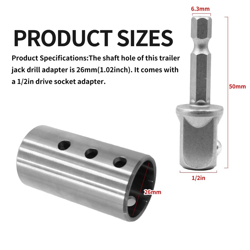 Runfider Stainless Steel Trailer Jack Electric Drill Adapter, 1/2 Inch