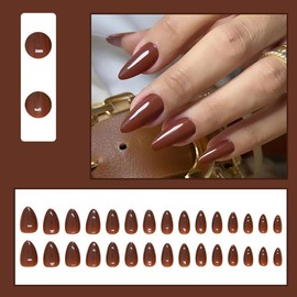 30 Pcs Brown Press on Nails Medium Almond - MINGCHUN Autumn Solid Color Fake Nails Press ons Nail Art Tips Design Full Cover Acrylic Fall False Nails Glue on Nails Stick on Nails for Women Girls