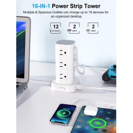 Power Strip Tower with Multiple Outlets, Flat Plug Surge Protector Tower Extension Cord with 12 AC Outlets 4 USB Ports (2 USB C), 6FT Cord Power Tower Surge Protector for Home Office Dorm Room, White