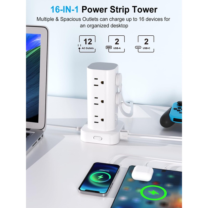 Power Strip Tower with Multiple Outlets, Flat Plug Surge Protector