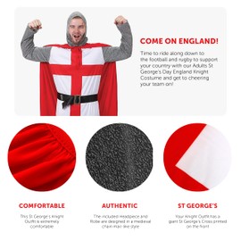 I LOVE FANCY DRESS Adults Knight Costume - Medium - English Flag Tunic With Black Belt, Red Cape, Chain Mail Armour Headpiece - Perfect for Sporting Events, English Celebrations
