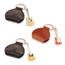 Pick Geek Leather Pick Holder with Miniature Guitar Keyring 3-Pack | 100% Handmade Real Leather | Includes 3 FREE Guitar picks | Made with Jewellers Metal