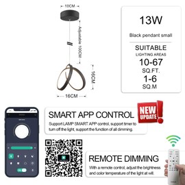 Pizzashine Modern Island Pendant Lighting, with Remote Dimmable and Samrt Lamp APP, Adjustable Hanging Black Ceiling Lamp Fixtures, for Kitchen Island, Dining Room, Bedroom (Pendant 16CM)