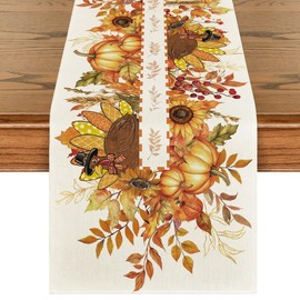 Sunflower Turkey Leaves Thanksgiving Table Runner, Harvest Fall Autumn Kitchen Dining Table Decoration for Home Party Decor 13x90 Inch