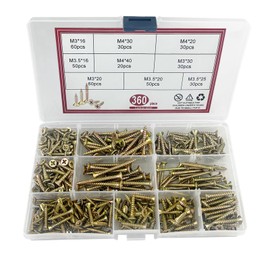Diompirux 360 Pieces Screws Yellow Galvanised Set, Self-Tapping Screws with Countersunk Head, Flat Head Wood Screw Kit M3/M3.5/M4 with Storage Box, for DIY Project, Homemade, Repair
