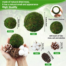 Yunsailing Set of 36 Natural Green Moss Decorative Balls Pinecone Cotton Balls Set for Centerpiece Bowls Rattan Wicker Balls Handmade Moss Balls for Christmas Garden Home Wedding Party Decor, 4 Sizes