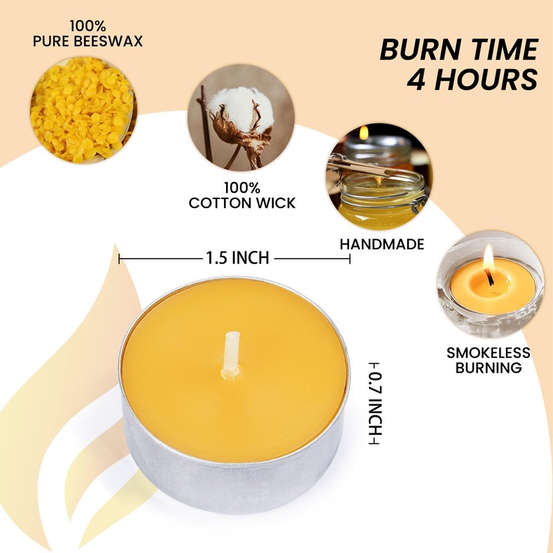 100-Pack Pure Beeswax Tealight Candles in Aluminum Cups - 4-5