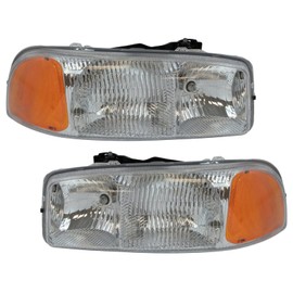TRQ Driver and Passenger Side Headlight Assembly Set Compatible with 99-07 GMC Sierra 1500 00-06 Yukon 00-06 Yukon XL 1500 99-04 Sierra 2500HD 01-06 Sierra 3500 00-06 Yukon XL 2500