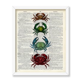 Poster Master Dictionary Art Poster - Crab Print - Marine Life Art - Sea Life Art - Gift for Him, Her, Animal Lover - Nautical Decor for Bathroom, Ocean or Beach House, 11x14 White Framed