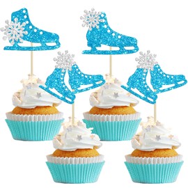 Gyufise 24Pcs Ice Skating Cupcake Toppers Glitter Ice Sports Theme Cupcake Picks Decoration for Skating Theme Baby Shower Kids Birthday Party Supplies Blue