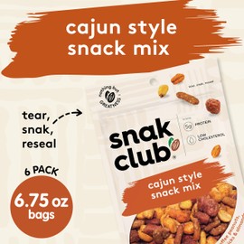Snak Club Cajun Style Snack Mix with Hot and Spicy Peanuts, Butter Toffee Peanuts, Toasted Corn, Cajun and Honey Sesame Sticks, and Almonds, Kosher Trail Mix Snacks, 6.75 oz Resealable Bags, 6 Pack