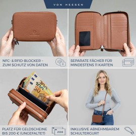 VON HEESEN Leather Wallet for Men and Women, cognac brown, 2 main compartments (for hanging)