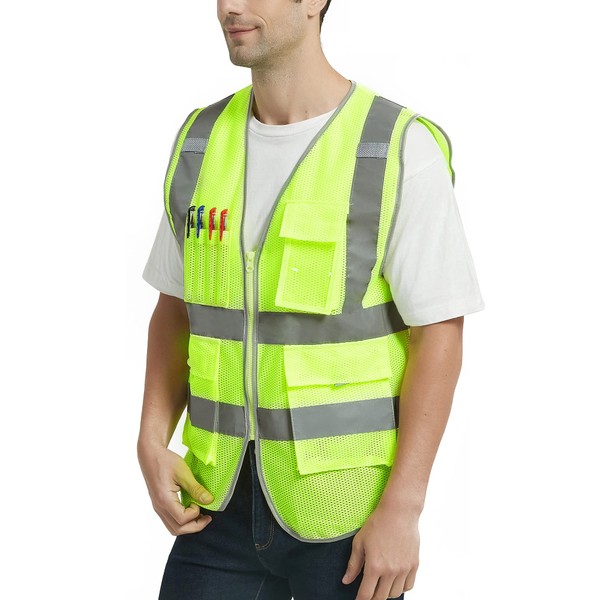 VICRR High Visibility Safety Vest with Reflective Strips, 9 Pockets