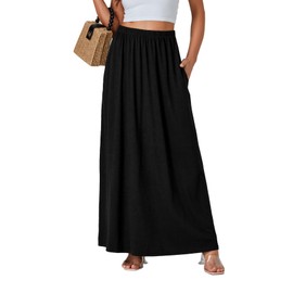 Vrtige Women's Casual Elastic High Waist Flowy Hem A Line Maxi Long Skirt with Pockets Black Medium