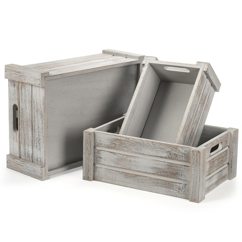 Hacaroa 3 Pack Wood Crates with Handles, Rustic Nesting Storage