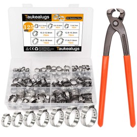 Taukealugs 125Pcs 7 Sizes 6-21mm Single Ear Hose Clamps 304 Stainless Steel with Pincer for Automotive Pipe Hoses