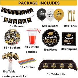 Graduation Party Decorations 126Pcs Black Gold Congrats Grad Dinnerware Party Supplies Includes Tableware Balloons Tablecloth Banner DIY Drink Pouches with Straws Stickers Table Centerpiece Sticks