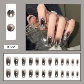 Press on Square Nails Medium Glossy Full Cover Acrylic Black False Nails with Silver Moon Star Designs Artificial Square Shaped Fake Nails Glue ons Nails Stick on Fingernails for Women Girls