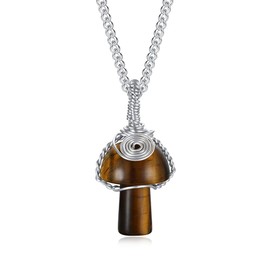 Tsnamer Mushroom Crystal Necklace Wire Wrapped Crystal Mushroom Pendant Necklace for Women Jewelry Gifts (Tiger Eye Stone)