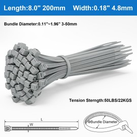 Baomain 100-Pack 8 Inch Self-Locking Nylon Cable Zip Ties, Heavy-Duty and Multi-Purpose (0.18" Width, 50LBS Tensile Strength), Indoor and Outdoor Use for Home, Office, Garden, Workshop,Gray