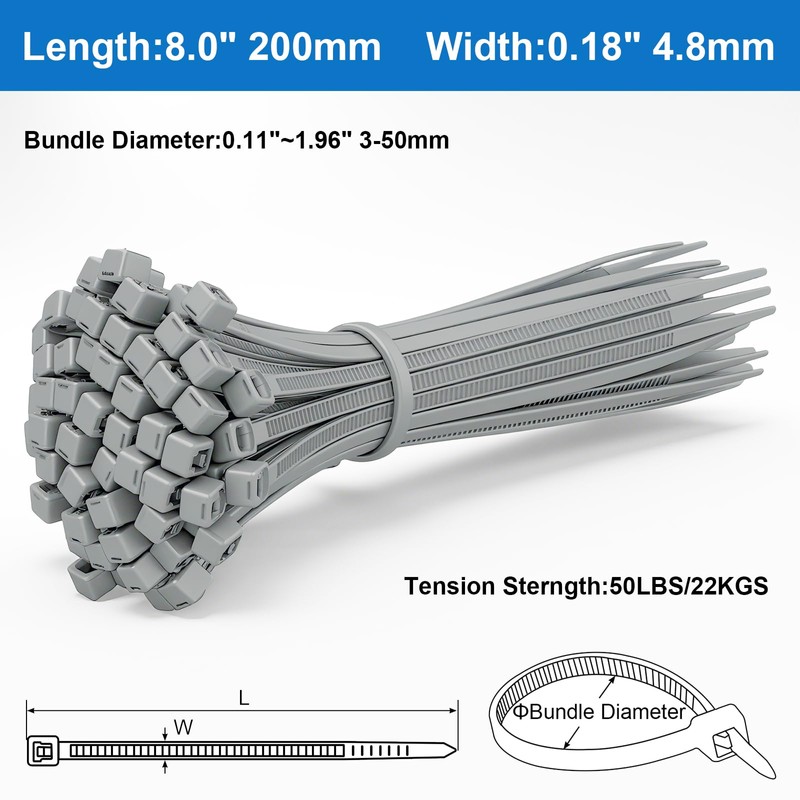 Baomain 100-Pack 8 Inch Self-Locking Nylon Cable Zip Ties, Heavy-Duty