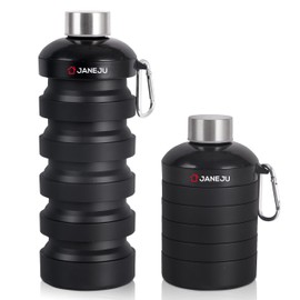 JaneJu Collapsible Water Bottle, 32oz BPA Free Silicone Reusable Portable Lightweight Foldable Water Bottles with Carabiner, Leak Proof Sports Water Bottle with Stainless Twist Cap (Black)