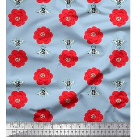 Soimoi Blue Silk Fabric Floral & Bee Insects Printed Craft Fabric BTY 42 Inch Wide