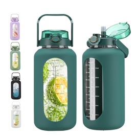 chunmo 74 oz Glass Water Bolttles with Straw Large Motivational Water Bottle with Time Marker Sports Water Bottles with Silicone Sleeve and Handle Lid 2.2L Water Jug for Gym Workout