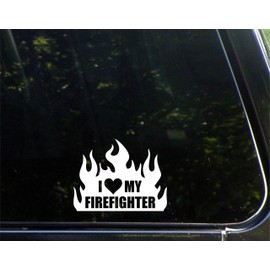 Diamond Graphics I Love My Firefighter in Flames (4" x 5") Die Cut Decal Bumper Sticker for Windows, Cars, Trucks, Laptops, Etc