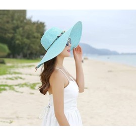 BABAHU Ladies Foldable Wide Brim Straw Sun Hat UPF 50+ Sun Hat, 01-Style Sky Blue