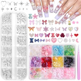 Tatiwoo 3D Assorted Nail Charms and Silver Nail Studs, Mix Color Bowknot Heart Flower Butterflies Acrylic Nail Art Charms Tiny Star Heart Cross Moon Rivets Gems for Nails Art DIY Supplies
