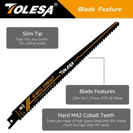 TOLESA Nail Embedded Wood Reciprocating Saw Blades for Wood Window Door Demolition and Construction Wood Cutting 9 Inch 6TPI Sawzall Blades Wood Bi-Metal Teeth with Cobalt Sharp Cutting 5 Pack