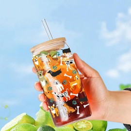 Fenmshairy Dog Puppy Paws Drinking Glass Cup 16 Oz with Bamboo Lid and Straws, Iced Coffee Beer Cocktail Glass Tumbler, Holiday Christmas Birthday Gift for Dad Mom Sister Friends Bestie