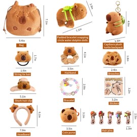 Mangpung Cute Capybara Plush Gifts Set, Include Capybara Keychain,Slap Bracelet,Bag,Hair clip/tie/Pins,Brooches Pins,Coin Purse,Headband