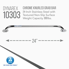 Dynarex Chrome Knurled Grab Bar-24 Inch, Stainless Steel with Textured, Non-Slip Surface in The Center of The Safety Rail, Weight Capacity of 300 Pounds, Silver, 1-Chrome Knurled Grab Bar-24 inch