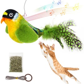 Aucenix Bird Cat Feather Toy - Teaser Catnip Toy Touch Activated for Kitten, Funny Chirping Bird Interactive Toys Retractable Hanging for Indoor Cats Chasing, Chewing, Playing (Green)
