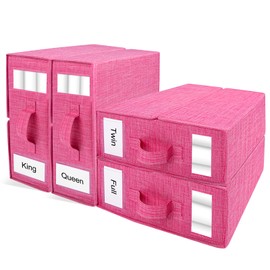 4 Pack Bed Sheet Organizer Twin/Full/King/Queen Size Foldable Linen Closet Organizers and Storage, Sheets Set Organizer with Window, Bedding Storage Box for Bedsheets Duvet Covers, Pink