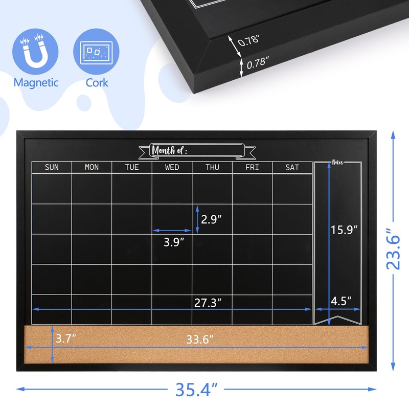 Board2by Monthly Chalkboard Calendar & Cork Board for Wall, 24"x36"