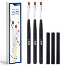 AIRSEE Nail Art Clean Up Brush Set, 3 Pcs Flat/Oval/Fine Angled Gel Brushes for Removing Polish Mistakes on Cuticles, Detailed Cleaning, Nail Design, DIY, Manicure, Black with Protective Caps