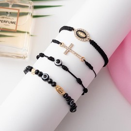Handmade Braided & Beaded Bracelet Set 4pcs/ set - Fashion Matching & Adjustable Size Cross Decor Accessories for Daily Wear:_black set 