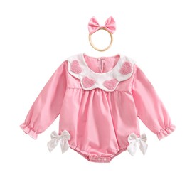 xkwyshop Newborn Baby Girl Outfit Heart Embroidery Doll Collar Long Sleeve Smocked Romper Bow Bodysuit Clothes (Pink, 18-24 Months)