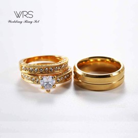 Two Rings His Hers Wedding Ring Sets Couples Rings Women's 10k Yellow Gold Plated White Heart CZ Wedding Engagement Ring Bridal Sets & Men's Titanium Wedding Band