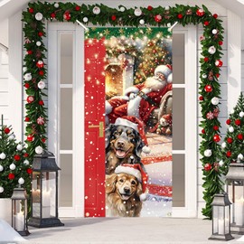 Christmas Door Cover Christmas Decoration Party Supplies Santa Claus Dogs Banner for Front Door Xmas Large Photography Background Christmas Party Backdrop