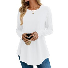 JUSTFASHIONNOW Womens Long Sleeve Shirts Crew Neck Casual Basic Tops Flowy Loose Dressy Blouse Tunic Tops Loose Fit Fall Fashion 2025 (White, Small)