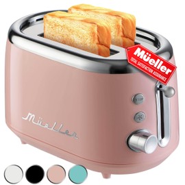 MUELLER HOME Retro Toaster 2 Slice, 7 Browning Levels, 3 Functions (Reheat, Defrost, Cancel), Stainless Steel Features, Removable Crumb Tray, Under Base Cord Storage, Pink Kitchen Accessories Décor